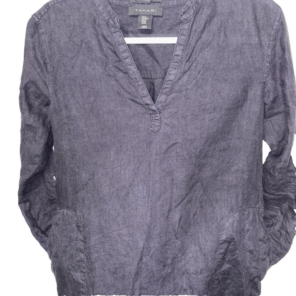 Tahari 100% Linen Tunic Shirt Dress XS Pockets Minimal Monochrome Casual Comfort - Picture 3 of 11
